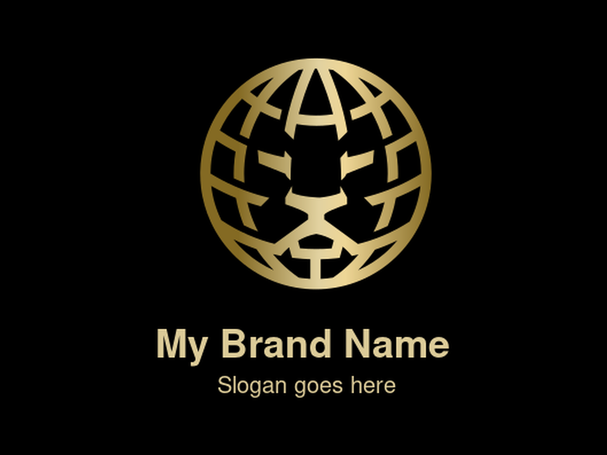 Elegant Gold Globe with Lion Face Symbol Logo Design for Global Luxury and Regal International Branding